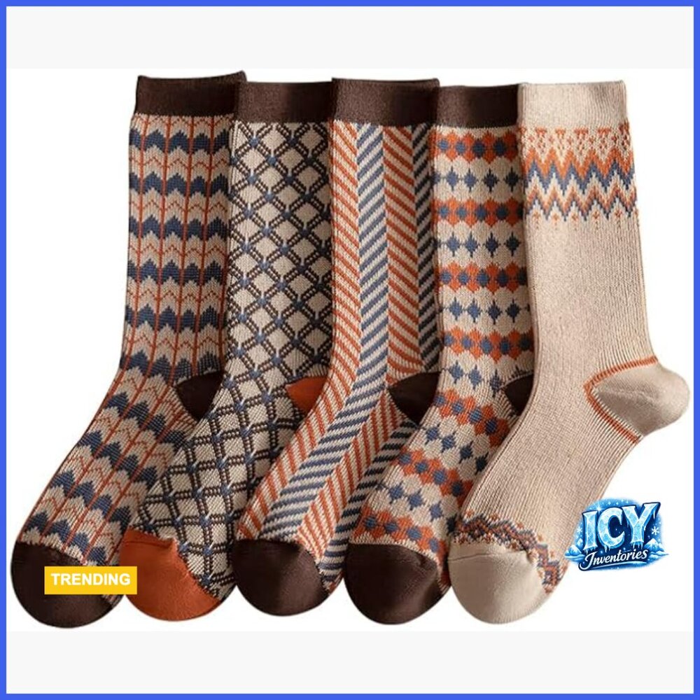 Thick Cotton Blend Women's Crew Socks, Fair Isle Boho Style